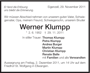 Traueranzeige von Werner Klumpp von Schwäbische Post