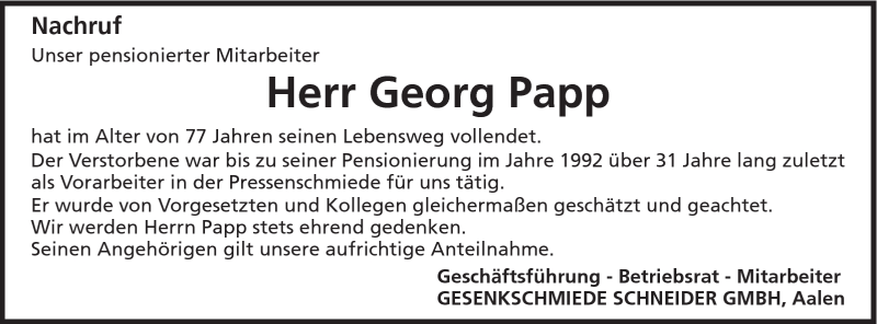  Traueranzeige für Georg Papp vom 01.12.2011 aus Schwäbische Post