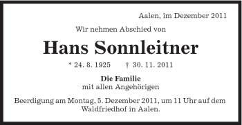Traueranzeige von Hans Sonnleitner von Schwäbische Post
