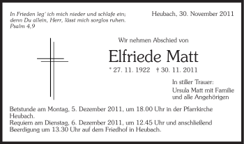 Traueranzeige von Elfriede Matt von Gmünder Tagespost