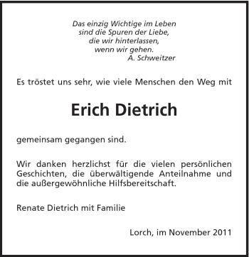 Traueranzeige von Erich Dietrich von Gmünder Tagespost