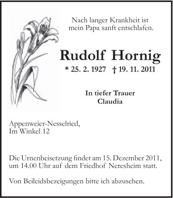 Traueranzeige von Rudolf Hornig von Schwäbische Post