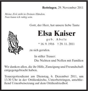 Traueranzeige von Elsa Kaiser von Gmünder Tagespost