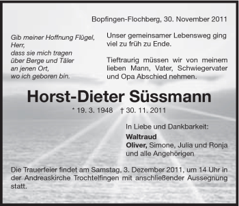Traueranzeige von Horst-Dieter Süssmann von Schwäbische Post