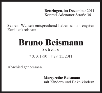 Traueranzeige von Bruno Beismann von Gmünder Tagespost