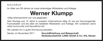 Traueranzeige von Werner Klumpp von Schwäbische Post