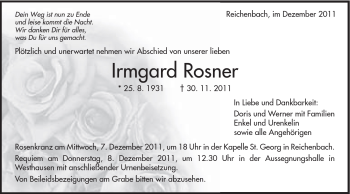 Traueranzeige von Irmgard Rosner von Schwäbische Post