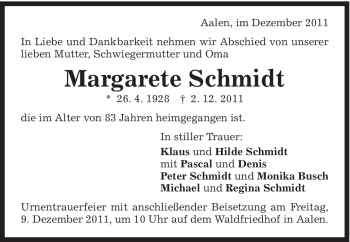Traueranzeige von Margarete Schmidt von Schwäbische Post