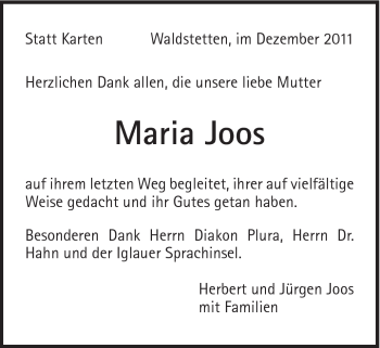 Traueranzeige von Maria Joos von Gmünder Tagespost