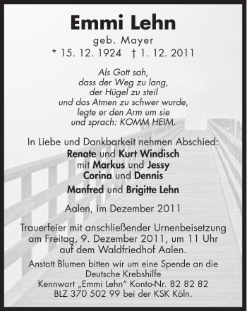 Traueranzeige von Emmi Lehn von Schwäbische Post