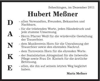 Traueranzeige von Hubert Meßner von Gmünder Tagespost