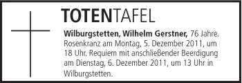 Traueranzeige von Wilhelm Gerstner von Schwäbische Post