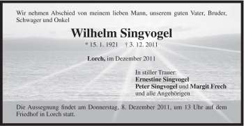 Traueranzeige von Wilhelm Singvogel von Gmünder Tagespost