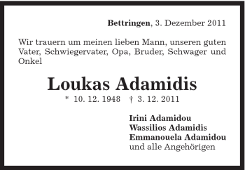 Traueranzeige von Loukas Adamidis von Gmünder Tagespost