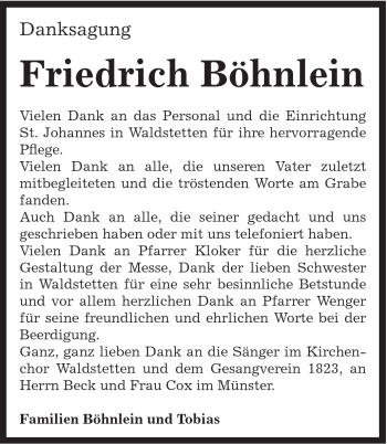 Traueranzeige von Friedrich Böhnlein von Gmünder Tagespost