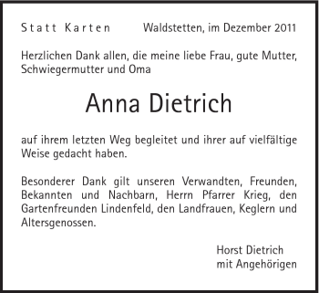 Traueranzeige von Anna Dietrich von Gmünder Tagespost
