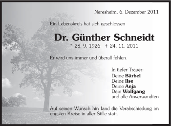 Traueranzeige von Günther Schneidt von Schwäbische Post