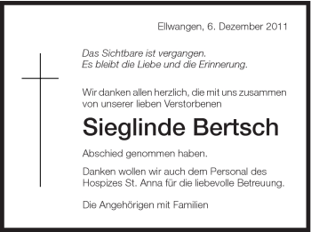 Traueranzeige von Sieglinde Bertsch von Schwäbische Post