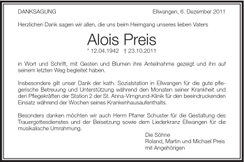 Traueranzeige von Alois Preis von Schwäbische Post