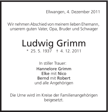 Traueranzeige von Ludwig Grimm von Schwäbische Post