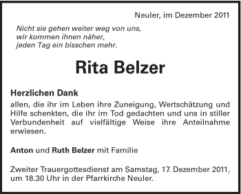 Traueranzeige von Rita Belzer von Schwäbische Post