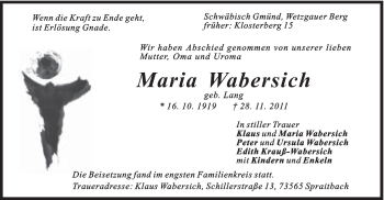 Traueranzeige von Maria Wabersich von Gmünder Tagespost