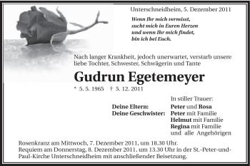 Traueranzeige von Gudrun Egetemeyer von Schwäbische Post
