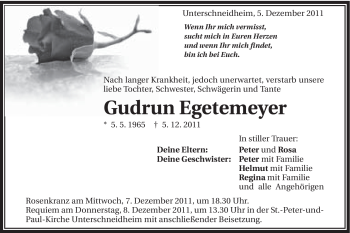 Traueranzeige von Gudrun Egetemeyer von Schwäbische Post