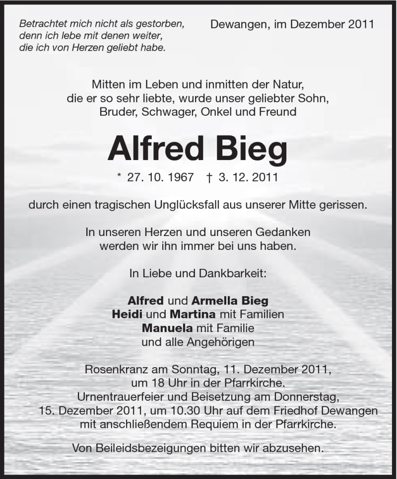  Traueranzeige für Alfred Bieg vom 09.12.2011 aus Schwäbische Post