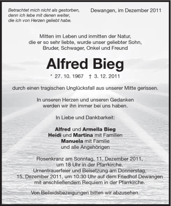 Traueranzeige von Alfred Bieg von Schwäbische Post