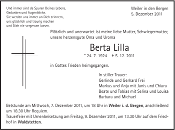 Traueranzeige von Berta Lilla von Gmünder Tagespost