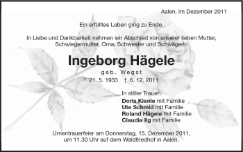 Traueranzeige von Ingeborg Hägele von Schwäbische Post