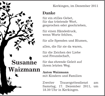 Traueranzeige von Susanne Waizmann von Schwäbische Post