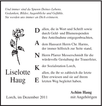 Traueranzeige von Liselotte Haug von Gmünder Tagespost