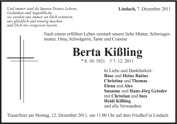 Traueranzeige von Berta Kissling von Gmünder Tagespost