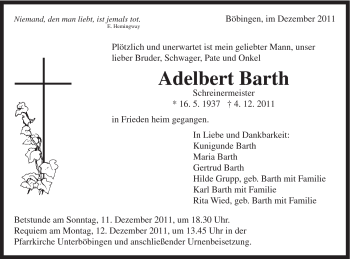Traueranzeige von Adelbert Barth von Gmünder Tagespost