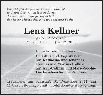 Traueranzeige von Lena Kellner von Schwäbische Post