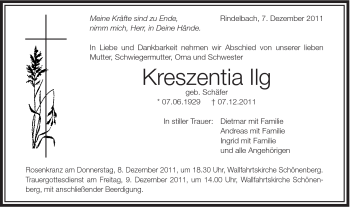 Traueranzeige von Kreszentia Ilg von Schwäbische Post