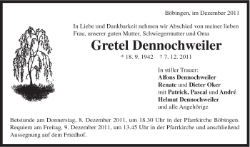 Traueranzeige von Gretel Dennochweiler von Gmünder Tagespost