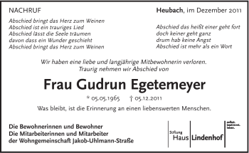 Traueranzeige von Gudrun Egetemeyer von Gmünder Tagespost