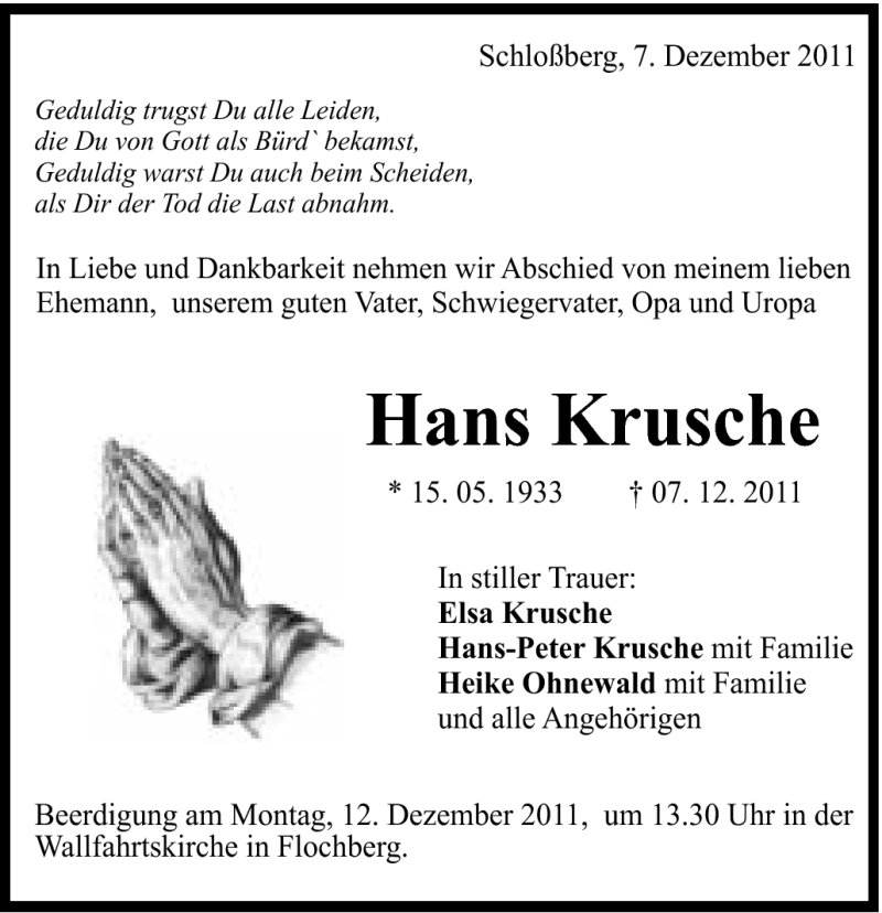  Traueranzeige für Hans Krusche vom 08.12.2011 aus Schwäbische Post
