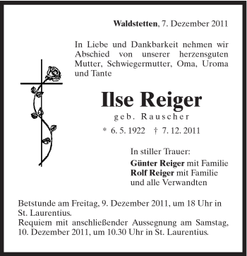 Traueranzeige von Ilse reiger von Gmünder Tagespost