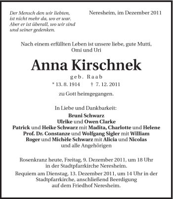Traueranzeige von Anna Kirschnek von Schwäbische Post