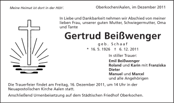 Traueranzeige von `Gertrud Beißwenger von Schwäbische Post