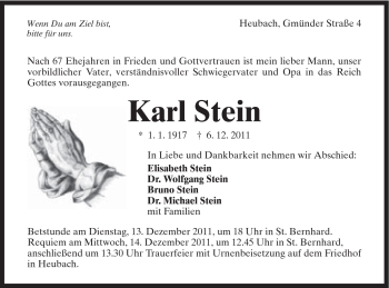 Traueranzeige von Karl Stein von Gmünder Tagespost