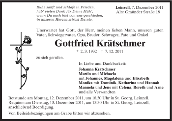 Traueranzeige von Gottfried Krätschmer von Gmünder Tagespost