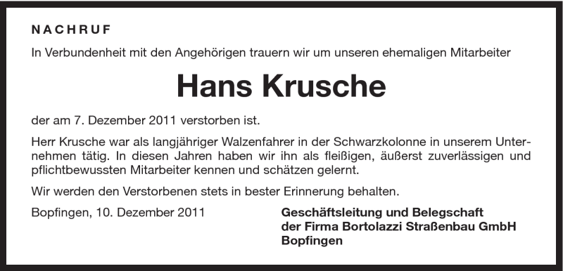  Traueranzeige für Hans Krusche vom 10.12.2011 aus Schwäbische Post
