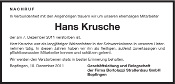 Traueranzeige von Hans Krusche von Schwäbische Post