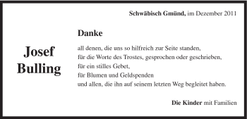 Traueranzeige von Josef Bulling von Gmünder Tagespost