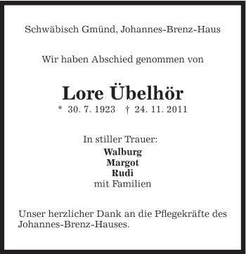 Traueranzeige von Lore Übelhör von Gmünder Tagespost